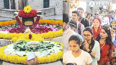 Since it is the last Monday of Shravan, there is a queue of Shiva devotees for the darshan of Kapaleswara & Shivlinga decorated with attractive flowers