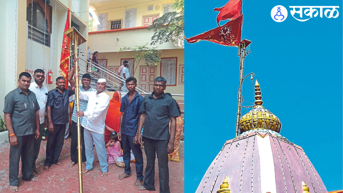 Subhash Deore, President of Dhandai Devi Tarun Aikya Mandal worshiping the brass flagpole given by a devotee of Dhandai Devi in Gujarat. In the second photograph, the brass flagpole mounted on the temple.