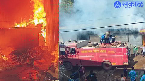 Fire fighting bombs while extinguishing the fire at the godown. In the second photo, a terrible fire broke out in a godown.