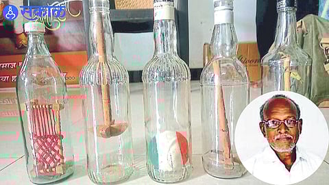 Different works of art in bottles.