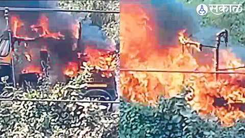 Flames rising after a running passenger rickshaw caught fire near the Pimprala railway flyover on Thursday.