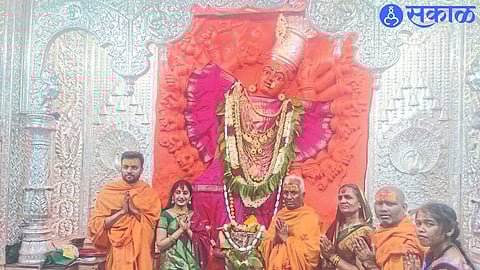 Assistant Collector Vishal Narwade and Gram Panchayat Member Kalpana Barde present during the Panchamrit Mahapuja of the fourth garland of Adimaye's Sharadiya Navratri festival on Wednesday.