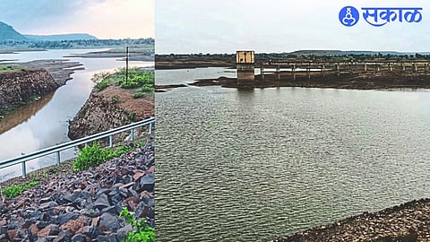 Water reservoir in Manikpunj dam in taluka. The second photo shows the receding water level of dead stock in Nagyasakya Dam.