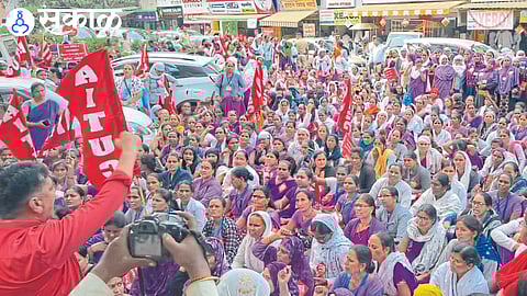 Asha and group promoters protested at the entrance of the Zilla Parishad on Monday for various pending demands including no compulsion for online work.