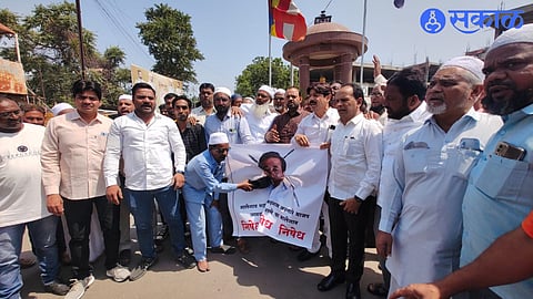 Near Old Bus Station in Malegaon City. Protesting against the statue of BJP MLA Nitesh Rane near Babasaheb Ambedkar statue