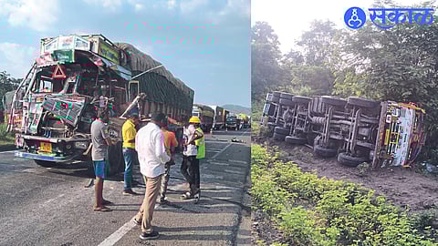 An overturned truck full of tomatoes near Garbardi Phata. In the second photo, a truck hit a container from behind near Bhillat Baba Mandir near Palas.