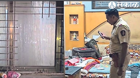 The police during the inspection of the belongings stolen by the thieves at Ishwar Tatia's house. the broken window grill.