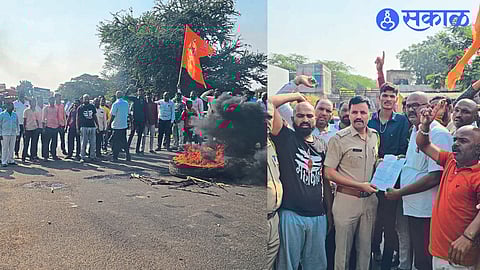 Maratha brothers staged protest by burning tires on Nashik-Chhatrapati Sambhajinagar highway on Wednesday & Protesters giving statement of demands to the police
