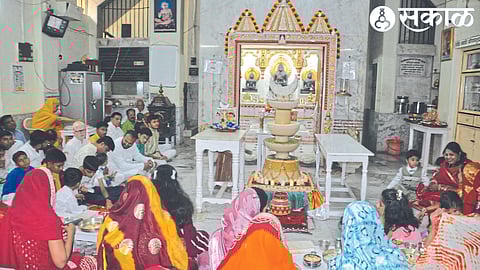 Jain community members and women devotees participating in the Mahavir Swami Nirvana festival organized by the Digambar Jain Samaj here.
