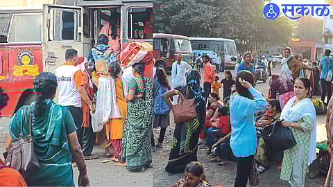 Crowd of passengers at the bus station. Passengers boarding the bus next to each other.