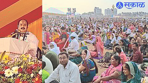Devotees sit in the hot sun to listen to the Maha Shiva Purana at Pathardi.