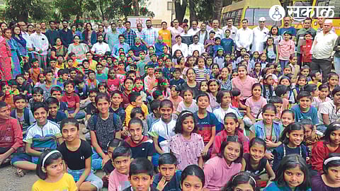 Students, parents participating in the Sunday Build a Fort workshop in the premises of Abhinav Bal Vikas Mandir