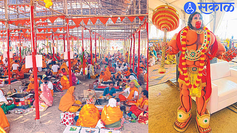 Followers participating in Japonusthana during the ongoing religious ceremony in Tapovan and Hanuman, the devotee of Rama.