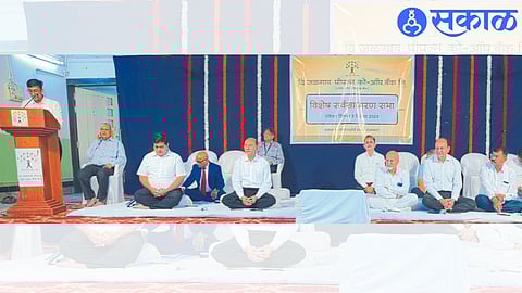 President Aniket Patil speaking at the general meeting of The Jalgaon People's Bank on Sunday. Director present along with Dr. C. B. Chaudhary, Chandan Attarde, Executive Director and CEO Rohit Bhujbal, Director Bhalchandra Patil and other directors.