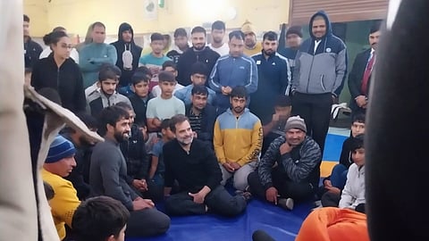 Congress MP Rahul Gandhi Visit Virender Arya Akhara interacting with wrestlers including Bajrang Poonia and others