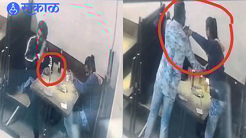 Suspects pour alcohol on a table with a chopper in a hotel. In the second photograph, a chopper is placed on the neck of the hotel manager.