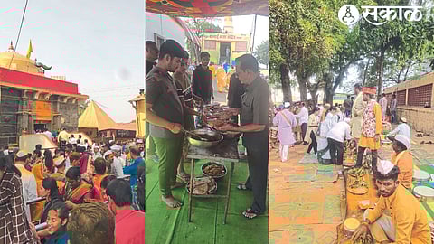 On the occasion of Champashashti, a crowd of devotees gathered in the Shree Khanderao Maharaj temple area for darshan. Devotees distributing Bharit-Bhari Naiveda in Banaimata Temple premises. Malhar Bhakta while filling his plate from tiger-fowl
