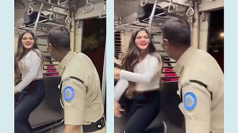 young girl dance with home guard in local train