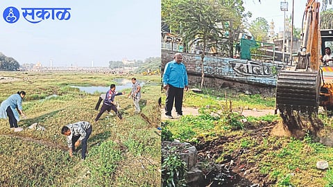 Commissioner Amita Dagde-Patil and other officers participating in Panzra river cleaning drive on Sunday.