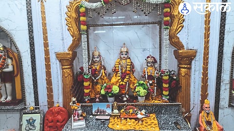 Idols of Ram, Sita and Lakshmana in ancient Ram Temple in Ram Mandir Ward.