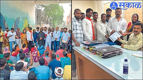 BJP's Mahadev Pardeshi speaking during the protest held at the entrance of Hawker's Question Municipal Corporation on Thursday. In the second photograph, Lalit Mali and hawkers giving a statement to Mahesh Shelar.