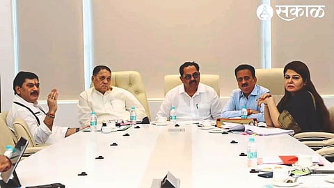 From left, Agriculture Minister Dhananjay Munde, Cooperation Minister Dilip Valse-Patil, Relief and Rehabilitation, Disaster Management Minister Anil Bhaidas Patil, Rural Development Minister Girish Mahajan and Sonia Sethi, Principal Secretary, Relief and Rehabilitation, Disaster Management Department, present at the cabinet sub-committee meeting.