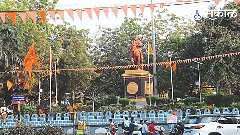 Chhatrapati Shivaji Maharaj Chowk decorated with flags in the city on the occasion of Ram Mandir Pran Pratishtha ceremony in Ayodhya.