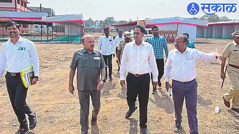 Officials with Collector Ayush Prasad while inspecting the preparations for Sahitya Samela.