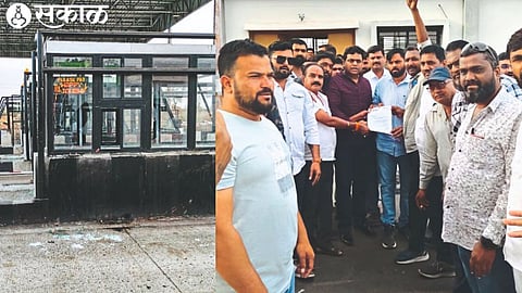 Yuva Sena District Chief Farhan Khan, Taluka Chief Sagar Hire while giving a statement to Manager Pawar on the toll plaza at Pimparkkhed.