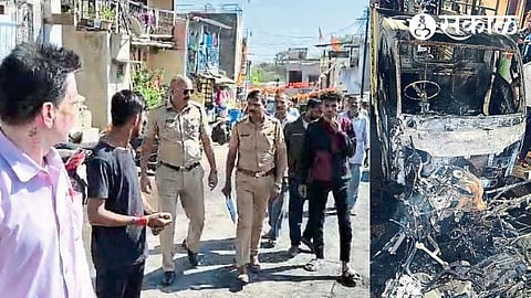 Damaged vehicle. Police officers and staff during the panchnama of the incident.