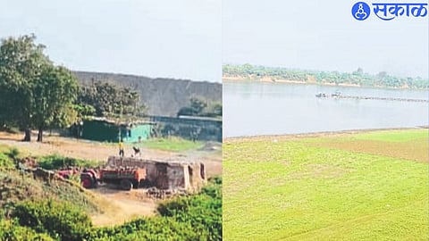 Sand hills standing in Tapi river area. Tapi river vessel and machinery in the second photo.