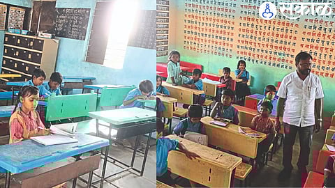 Panakhed is an ongoing class with the presence of only four students. Vice Chairman Vijay Bagul checking the academic quality of the students in the second photo.
