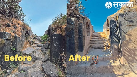 The entrance and stairs of the Indrai Fort here are buried under the mounds of mud. In second photo, the entrance and stairs cleared after cleaning by the Durgsevak of Sahyadri Pratishthan.
