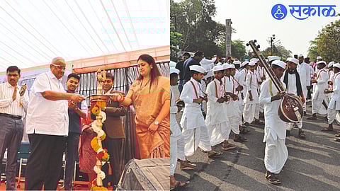 MLA Amrish Bhai Patel while inaugurating Mahasanskrit Mahotsav by lighting lamp. Varkari Dindi movement in second photo.