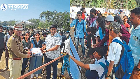 Dhananjay Patil while distributing t-shirts and bibs as part of the marathon competition at the police drill ground, In the second photograph, the crowd gathered to check the names