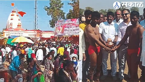 The crowd gathered to see Sati Ahilya Devi. In the second picture, Nikhil Deore is joining for wrestling.