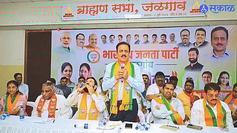 Minister Girish Mahajan while guiding district meeting of BJP on Tuesday.