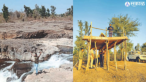 The waterfall in Satpura, A scaffold is erected to watch animals in the forest