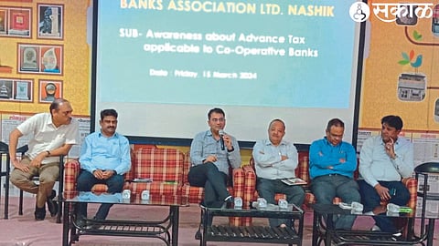 Harshad Aradhi, Additional Commissioner of Income Tax Department, Nashik Range-I, speaking in a one-day workshop on the topic 'Advance Tax Applicable to Co-operative Banks' on behalf of the District Co-operative Banks Association.