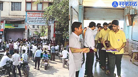 crowd outside examination center for 10th paper. in second photo teacher inspecting students in examination center