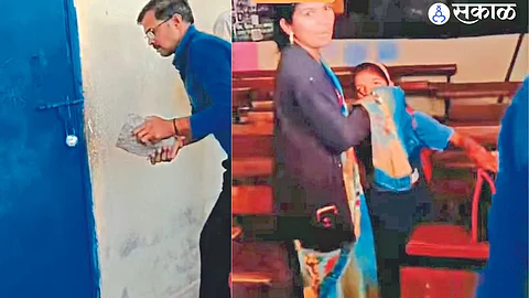 Girl's parents breaking school lock. In the second photograph, the mother is struggling for a living.