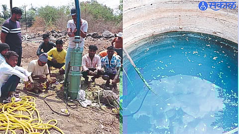 Village Panchayat staff installing an electric pump near a well at the base of the Kaykanda Dam. In second photo a well filled with water.