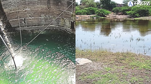 Water from three wells has to be pumped as the well in the river It is depleting. In the second photograph, water is blocked by a dam in the river bed next to a well near a tribal settlement.