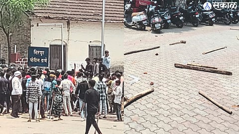 Crowd at police station entrance, In the second photograph, stick, hammer thrown by the mob at the city police station.