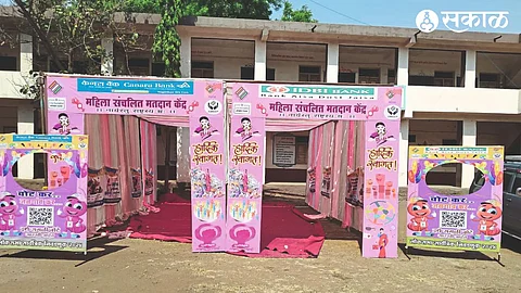 Decorated polling station and selfie point in Raver town.