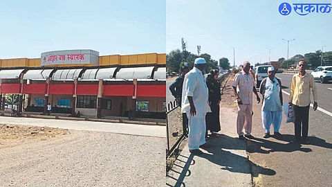 An empty bus station, another photo shows passengers waiting for a bus on the highway.