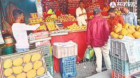 Traders selling Hapus mangoes and other varieties of mangoes.