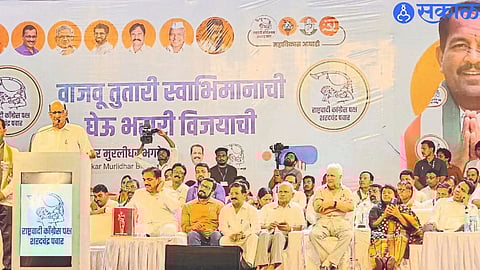 Sharad Pawar speaking at a rally held on Wednesday to campaign for Bhaskar Bhagare, the Mahavikas Aghadi candidate for Dindori Lok Sabha.