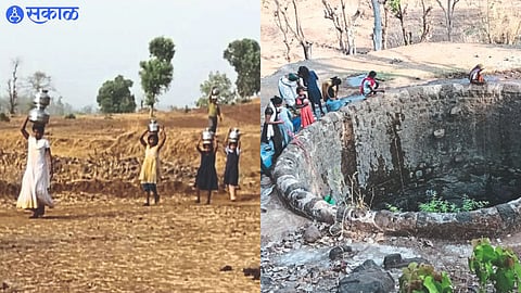 Women and girls of Hanumantpada wandering for water in the hot sun. In the second photograph, a woman drains the water that has accumulated in the well after hours