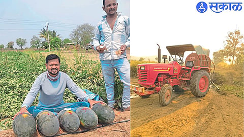 Tanker pumping water into a well for watermelon crop in Shiwar. In the second picture, Vaibhav Khairnar worships the watermelon crop.